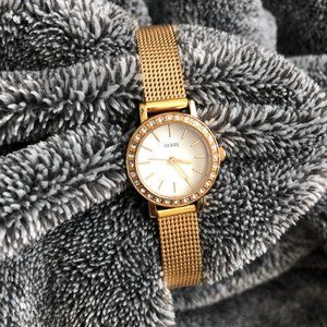 Guess Rose Gold Tone Stainless Steel Watch Petite Crystals Mesh Strap Adjustable